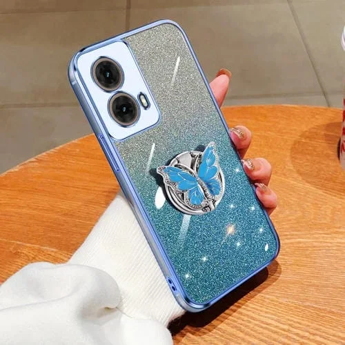 Funda TPU con Soporte Mariposa y Purpurina Degradada Plateada para Motorola Moto G85 (Azul Sierra)