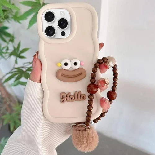 Funda TPU Forma Boca de Salchicha con Cadena de Cuentas para iPhone 16 Pro Max (Blanca)
