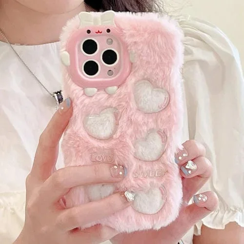 Funda TPU iPhone 13 Pro Bordado Felpa Corazón de Amor (Blanco)