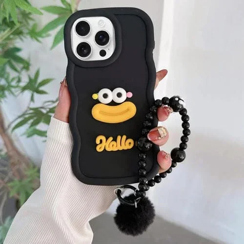 Funda TPU iPhone 15 Pro Max Forma Boca de Salchicha Cadena Cuentas (Negra)