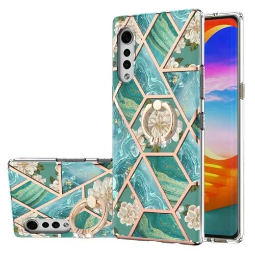 Funda TPU para LG Velvet 5G con Patrón de Flores Mármol y Soporte Anillo (Flor Azul)