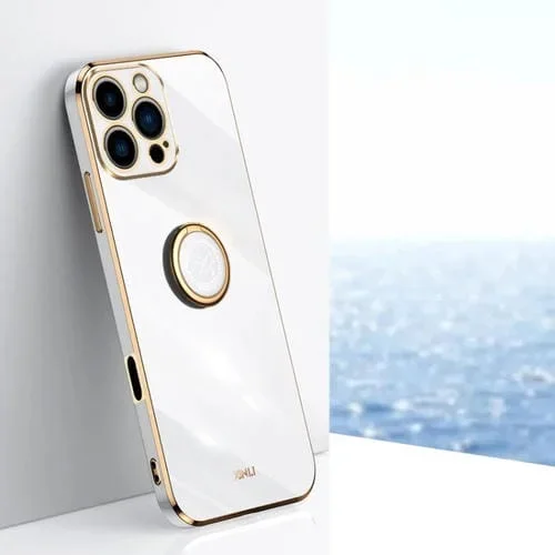 Funda TPU Xinli con Borde Recto 6D y Soporte para Anillo para iPhone 16 Pro (Blanca)