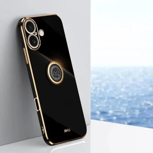 Funda TPU Xinli iPhone 16 Borde Recto 6D Galvanizado Soporte Anillo (Negra)