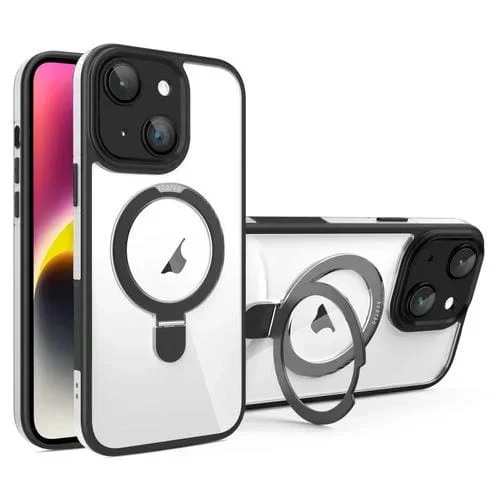 Funda Transparente con Soporte Magsafe para Lente de Cobertura Total iPhone 14 (Negro y Blanco)