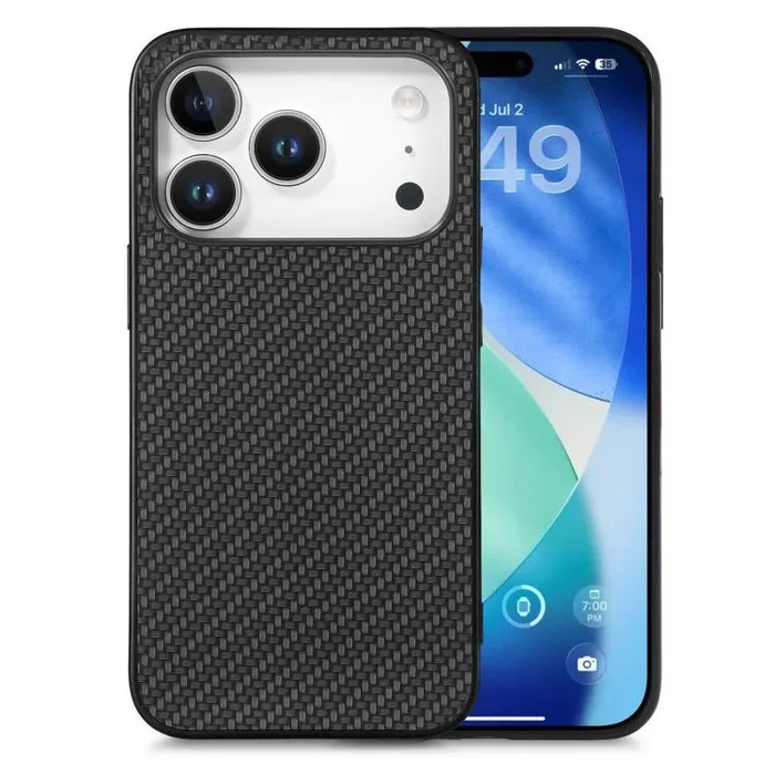 Funda trasera de cuero con textura de fibra de carbono para iPhone 17 Pro Max (negra)