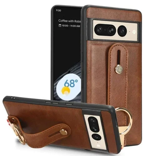 Funda Trasera de Cuero para Google Pixel 7 con Muñequera (Marrón)