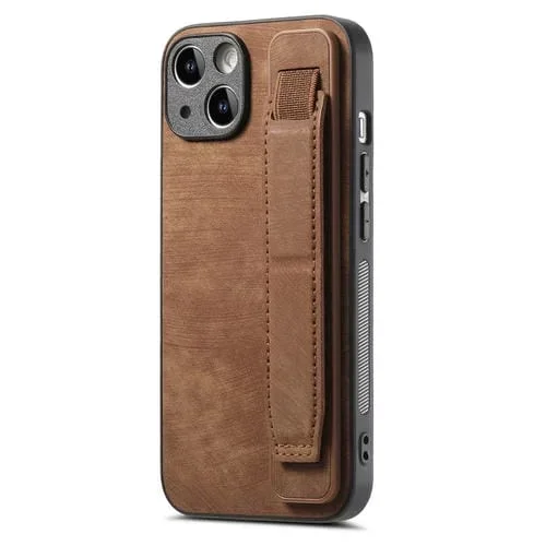 Funda Trasera de Cuero para iPhone 14 con Soporte para Pulsera Retro (Marrón)