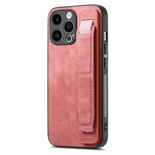 Funda Trasera de Cuero para iPhone 15 Pro con Soporte para Pulsera Retro (Rosa)