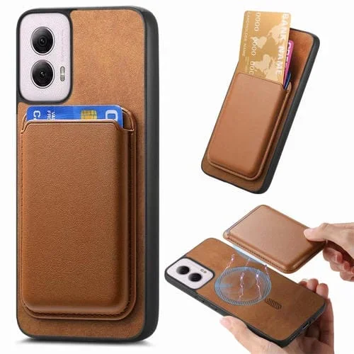 Funda Trasera de PU con Ranuras para Tarjetas Magsafe para Motorola Moto G Power 2024 5G (Marrón)