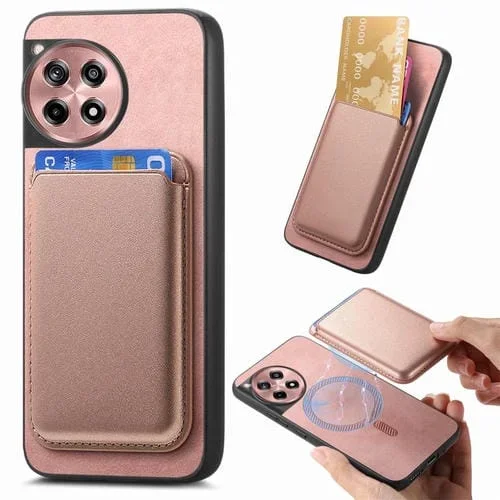 Funda Trasera de PU con Tarjetero Magsafe Retro para OnePlus 13 (Rosa)