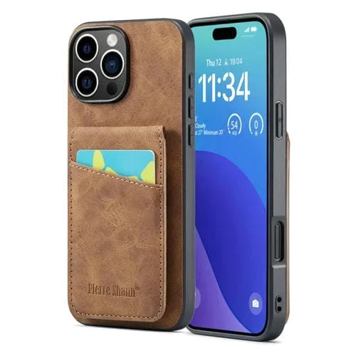 Funda Trasera Fierre Shann Crazy Horse con Tarjetero para iPhone 16 Pro Max (Marrón)