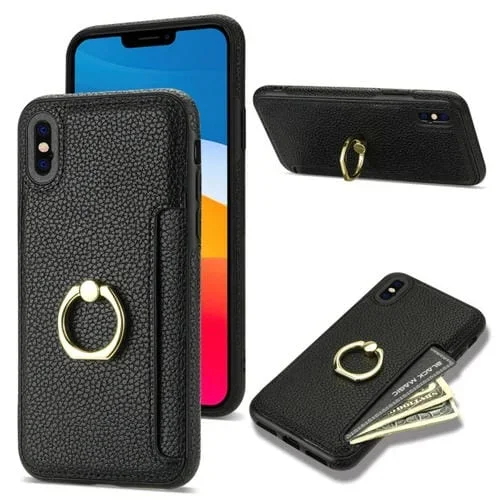 Funda Trasera iPhone Xr Ring Card Litchi Cuero (Negro)