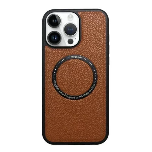 Funda trasera MagSafe de PU con textura de lichi para iPhone 12/12 Pro (marrón)