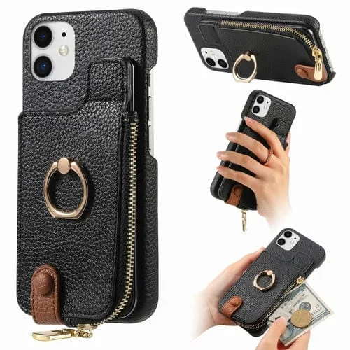 Funda Trasera para iPhone 12 Mini con billetera, cremallera y anillo de cuero litchi (Negro)