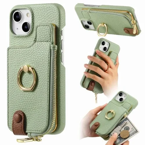 Funda Trasera para iPhone 14 con Billetera, Cremallera y Anillo de Cuero Litchi (Verde Té)