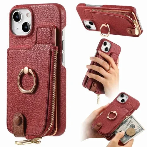Funda Trasera para iPhone 14 Plus con Billetera, Cremallera y Anillo de Cuero Litchi (Rojo)