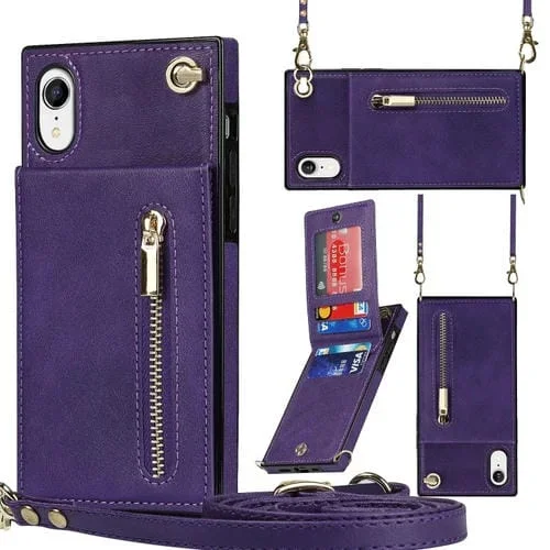 Funda Trasera para iPhone Xr Cross-Body Zipper Square TPU y Pu con Soporte Ranuras Tarjetas Billetera Correa (Púrpura)