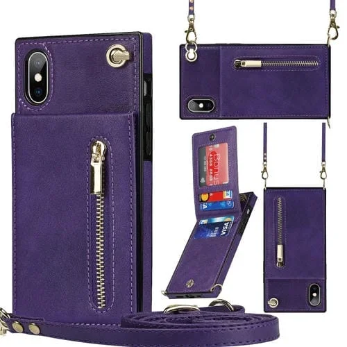 Funda Trasera para iPhone Xs Max Cross-Body Zipper Square TPU y Pu con Soporte y Ranuras para Tarjetas y Billetera y Correa (Púrpura)