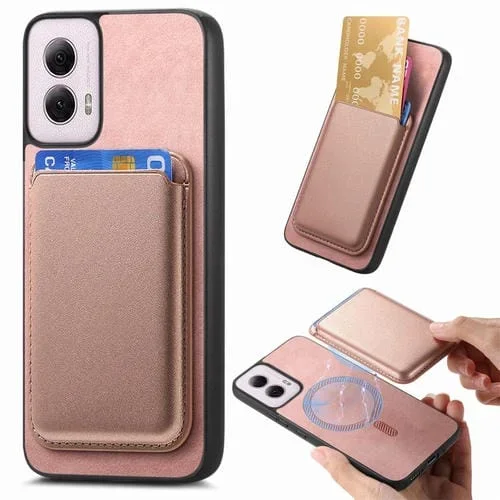 Funda Trasera PU con Ranuras para Tarjetas Magsafe Motorola Moto G Play 2024 4G (Rosa)