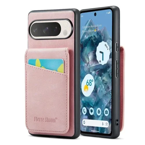 Funda Trasera PU con Tarjetero Fierre Shann Crazy Horse para Google Pixel 9 Pro XL (Rosa)