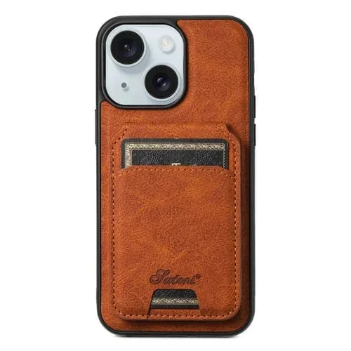 Funda Trasera Suteni H16 para iPhone 15 con Billetera Desmontable de Cuero Textura Litchi (Caqui)