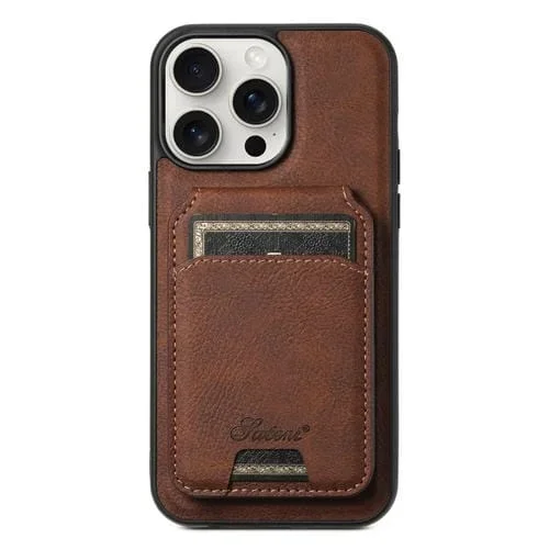 Funda Trasera Suteni H16 para iPhone 15 Pro Max con Billetera Desmontable de Cuero Textura Litchi (Marrón)