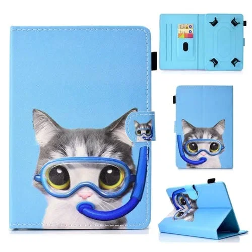 Funda Universal para Tablet 8 Pulgadas Cuero con Costuras Dibujo Gato de Buceo