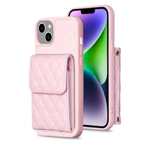 Funda Vertical Wallet para iPhone 14 Rhombic Leather Phone Case (Rosa)