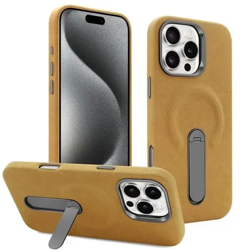 Funda VIETAO de piel sintética MagSafe de gamuza con soporte para iPhone 15 Pro (marrón claro)