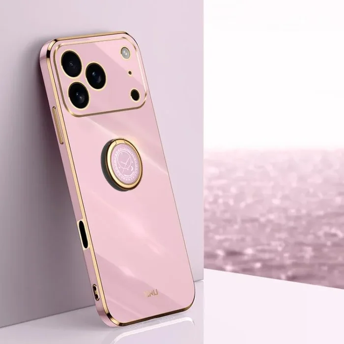 Funda XINLI de TPU con borde recto 6D y soporte para anillo para iPhone 17 Pro (morado cereza)
