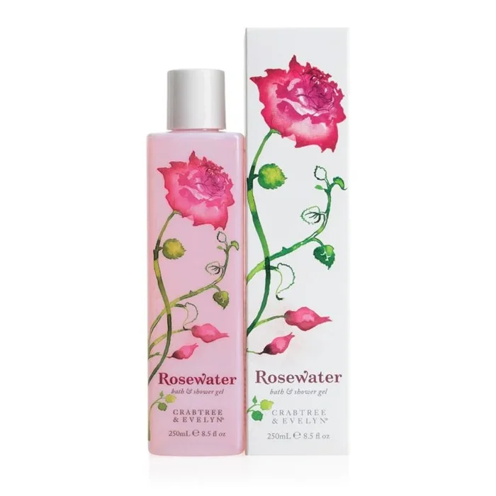 Gel de ducha Rosewater Crabtree & Evelyn, limpieza corporal, para todo tipo de piel, fragancia fresca de rosa, hidratante y suave, presentación 250 ml