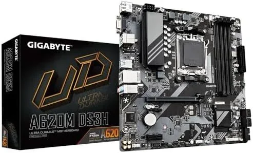 GIGABYTE A620M DS3H Placa Base – Soporta CPUs AMD Ryzen 8000, VRM Digital de 5+2+2 Fases, hasta 7600MHz DDR5 (OC), 1xPCIe 4.0 M.2, LAN GbE, USB 3.2 Gen 1
