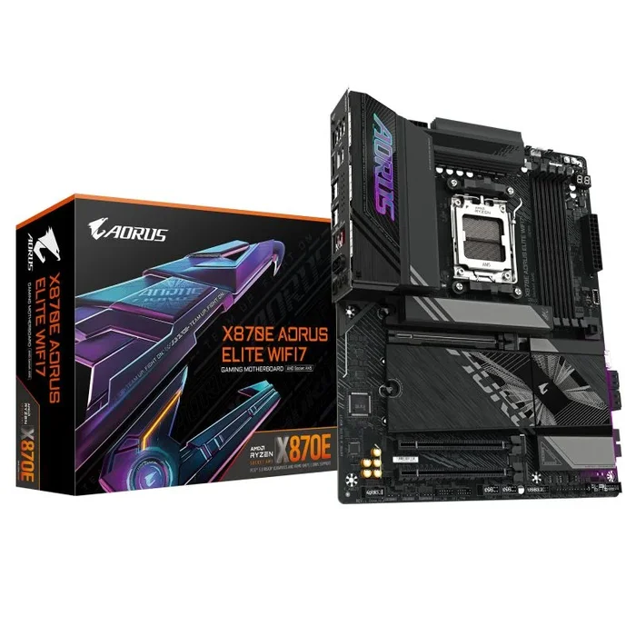 GIGABYTE Placa base X870E A ELITE WIFI7 – Compatible con CPUs AMD Ryzen 9000, VRM digital de 16+2+2 fases, hasta 8000MHz DDR5 (OC), 4xPCIe 5.0 + 4xM.2, Wi-Fi 7, LAN 2.5GbE, USB 3.2 Gen 2×2