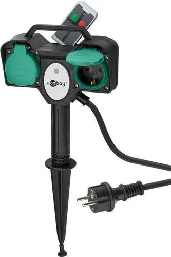 Goobay Enchufe de jardín de 2 vías 76779 con mando a distancia de hasta 30 m especialmente adecuado para uso en exteriores – IP44 a prueba de salpicaduras con mando a distancia