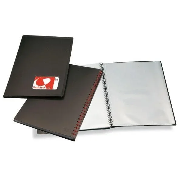 Grafoplás 39301010. Carpeta con 10 Fundas Transparentes y Doble Espiral Flexiblock, Tapas Rígidas, Negro, Tarjetero en portada.
