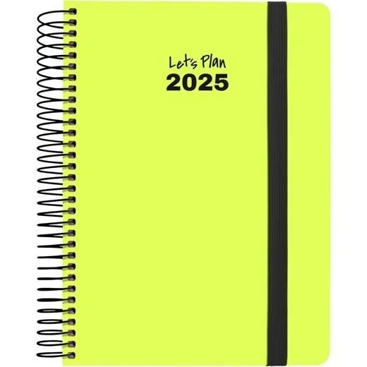 Grafoplas | Agenda Anual 2025 Neón | 15x21cm | Dia por Pagina | Amarillo Fluor | Español | Tapa Dura Forrada Papel Acabado Brillo | Cierre Goma | Esquinas Redondeadas | Incluye Pegatinas