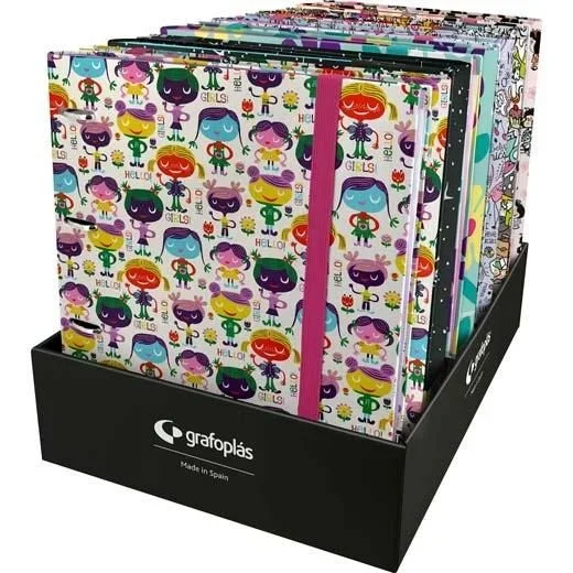 Grafoplás carpeta anillas carpebook c/recambio a4 expositor de 12 forrado diseño ella-2