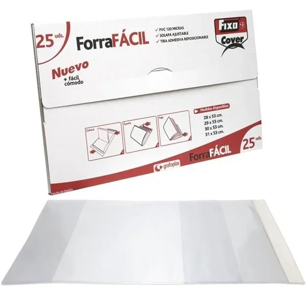 Grafoplás forro libros pvc 120 micras sin adhesivo solapa ajustable 300x530mm transparente envase de 25
