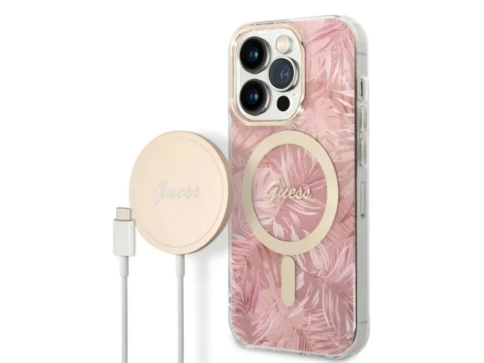 Guess Bundle GUBPP14LHJEACSP Funda y Cargador iPhone 14 Pro 6,1″ Rosa Hard Case Jungle