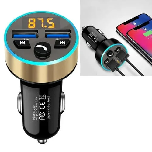 Halo Car Mp3 Reproductor Bluetooth Cargador De Automóvil Transmisor Fm Para Automóvil Cargador De Automóvil 3.1A (Tyrant Gold)