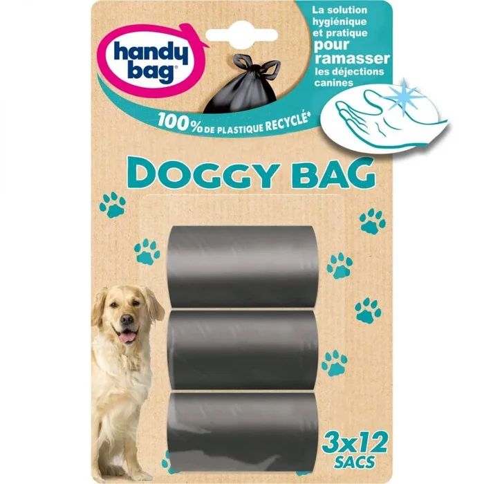 Handy Bag Doggy Bag, Bolsas para desjecciones caninas 3L, negro, 3 rollos de 12 bolsas