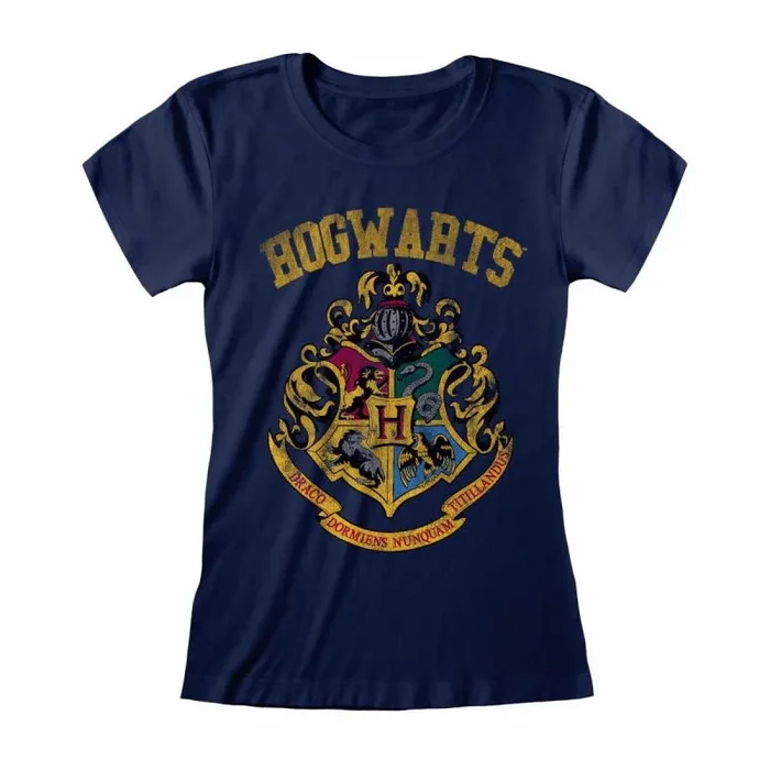 Harry potter – hogwarts faded crest (womens navy fitted t-shirt) ex large
