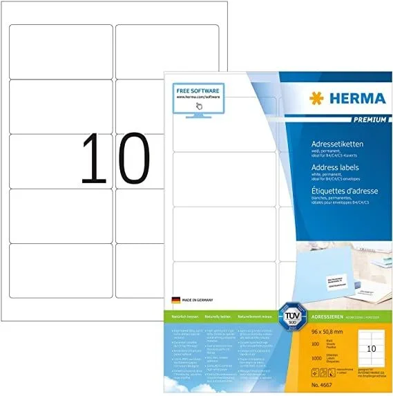 Herma Premiun. etiquetas de dirección. ideal para sobres B4/C4/C5. 96×50,8 mm. 100 hojas, 1000 etiquetas.