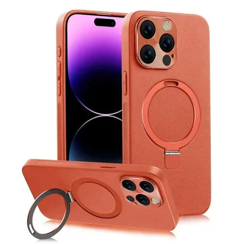 Holder para teléfono + Funda de cuero iPhone 14 Pro Max Magsafe Rotation PC (Naranja)