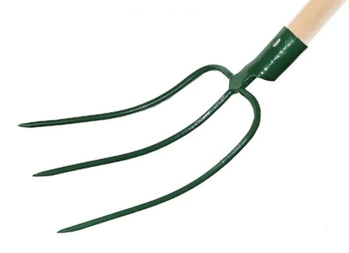 Horca de heno redonda, KARD, modelo K_95, ideal para trabajos agrícolas y de jardinería, 40 cm de longitud, 21 cm de ancho, acabado pulido, mango de madera tipo beber