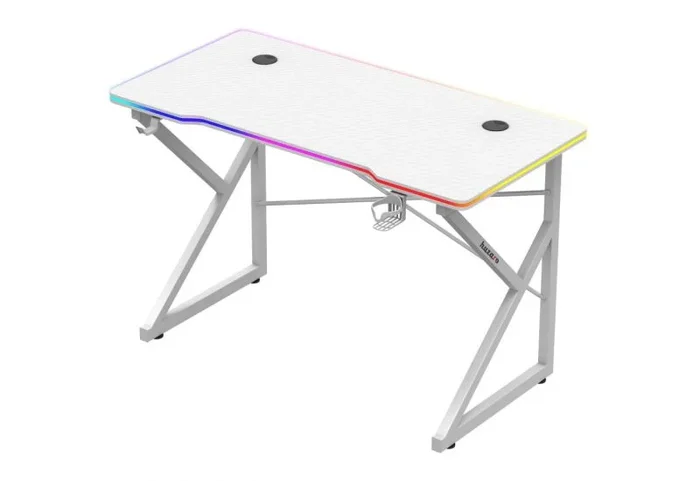 huzaro Hero 1.7 RGB White | Escritorio para videojuegos con iluminación LED, escritorio para ordenador, 120 x 60 cm, gancho para auriculares, soporte para bebidas, superficie de fibra de carbono,