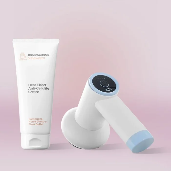 InnovaGoods® Set tratamiento anticelulítico tonificante Kombucha, x1 crema anticelulítica efecto calor, x1 pistola masajeadora anticelulítica recargable 6 en 1. Protege la piel y elimina toxinas