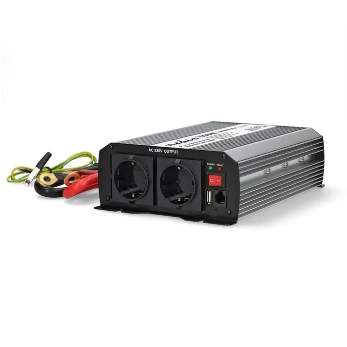 Inversor de energía de onda sinusoidal modificada | tensión de entrada: 12 v dc | salida(s) de potencia: type f (cee 7/3) / usb-a | 230 v ac 50 hz | 1000 w | potencia máxima de salida: 2000 w | terminal de tornillo | plata