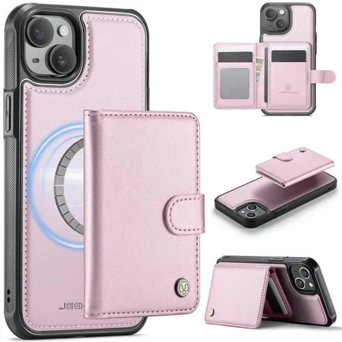 JEEHOOD J09 – Funda de cuero con hebilla para iPhone 15 Plus/14 Plus, estilo magnético, RFID, MagSafe (rosa)