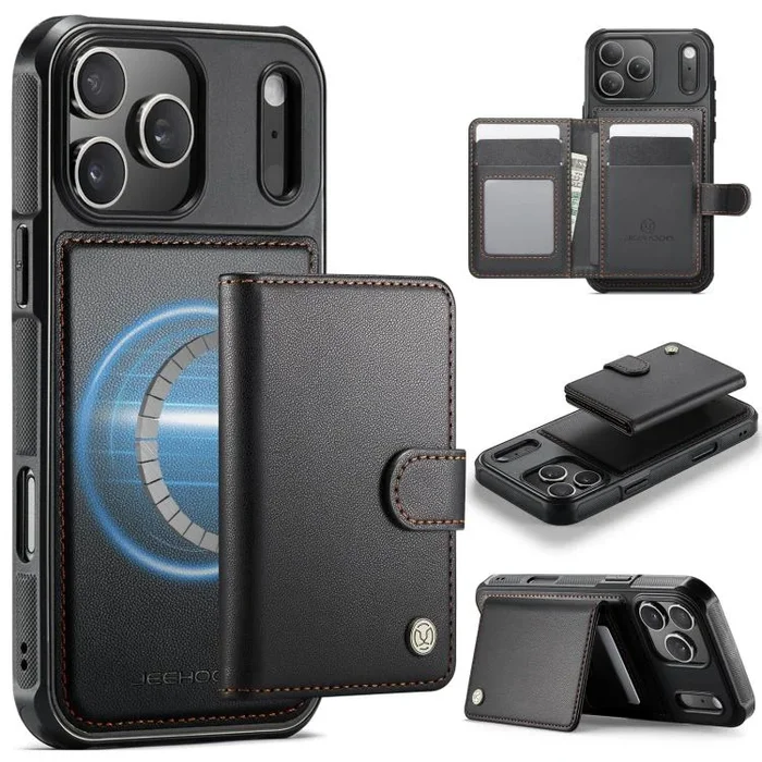 JEEHOOD J09 – Funda de cuero con hebilla para iPhone 17 Pro Max, estilo magnético, RFID, MagSafe (negro)